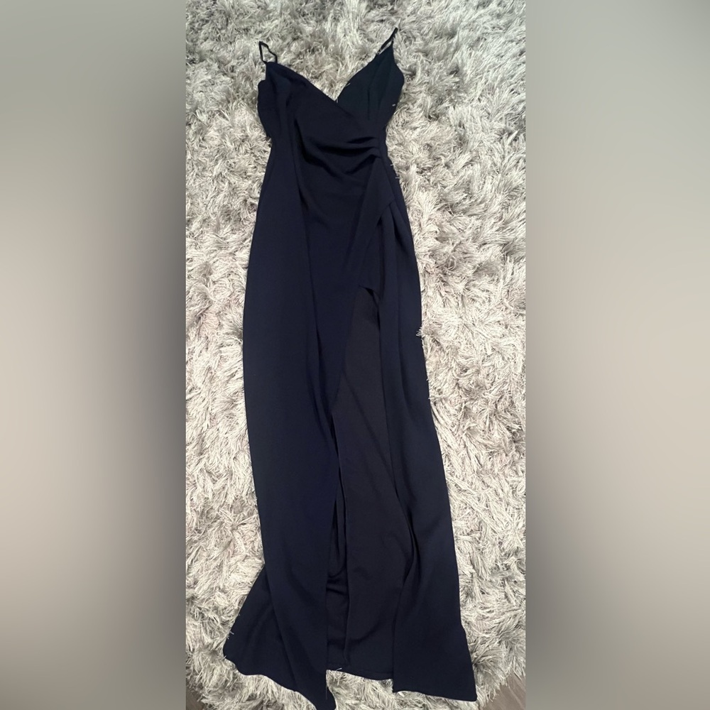 Emerald Sundae Navy Blue Gown Spaghetti Strap Cowl Neck